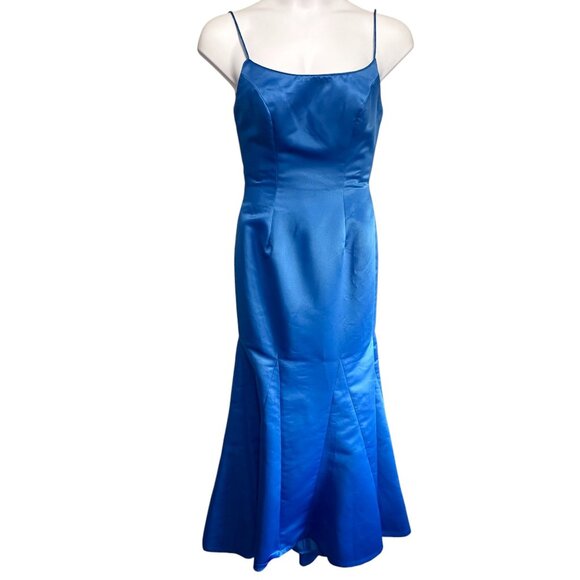 Jovani Blue Satin Sleeveless Rhinestone U Back Mermaid Trumpet Long Dress Sz 10 - Picture 1 of 14